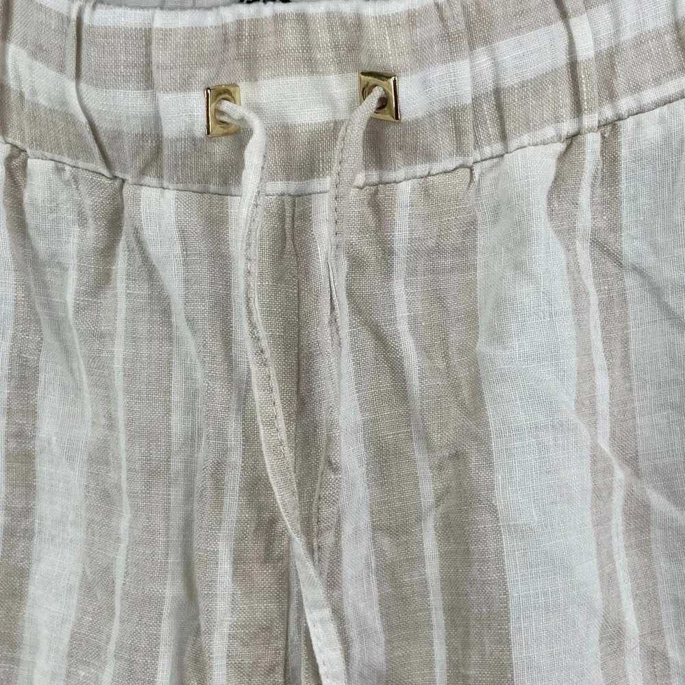 H&M‎ Linen Blend Pants Womens Large Tan White Striped Drawstring Straight Boho